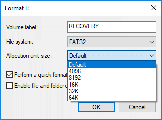 Now from Allocation unit size (Cluster size) drop-down make sure to select Default