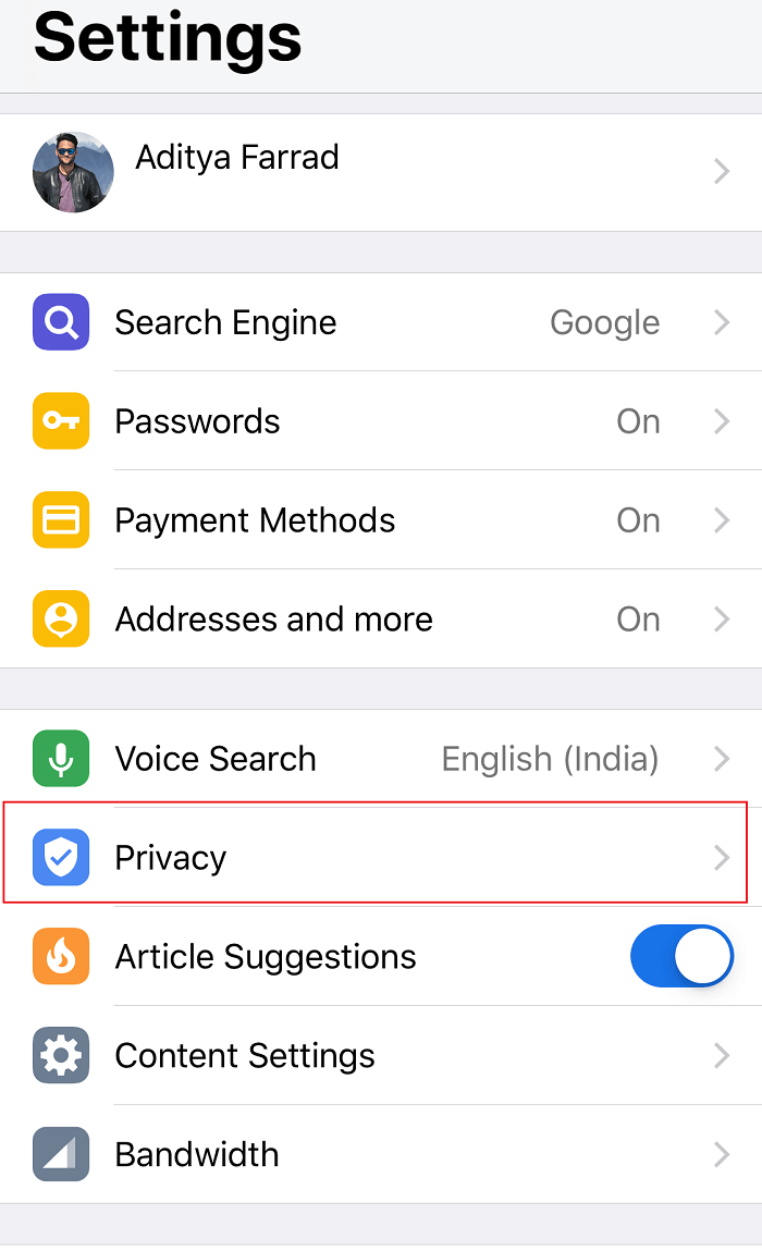 Now from Settings window click on Privacy