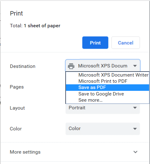 Now from the Destination drop-down select Save as PDF