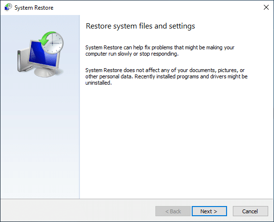 Now from the Restore system files and settings window click on Next | Fix DLL Not Found or Missing Error