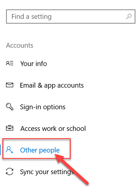 Now from the left-hand side menu select “Other People” option