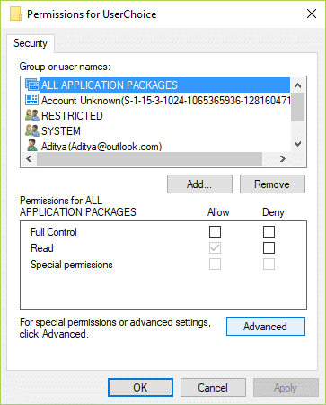 Now from the permissions window select ALL APPLICATION PACKAGES then click Advanced