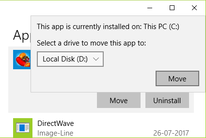 Now from the pop-up window select a drive from the drop-down where you want to move this application and click Move