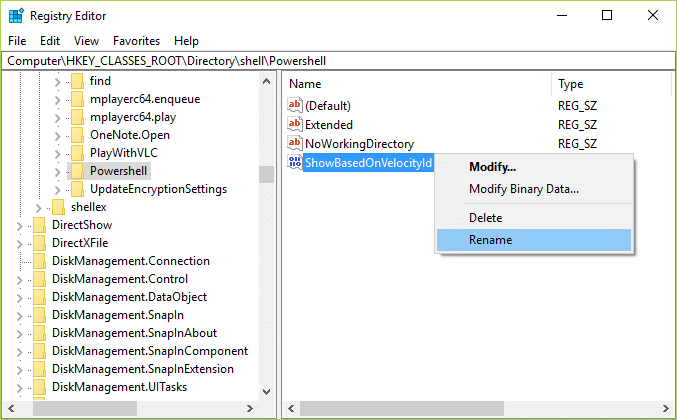 Now inside the PowerShell folder, right-click on the ShowBasedOnVelocityId DWORD, and select Rename