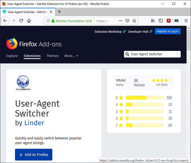 Dabar „User-Agent Switcher“ puslapyje spustelėkite Pridėti prie „Firefox“.