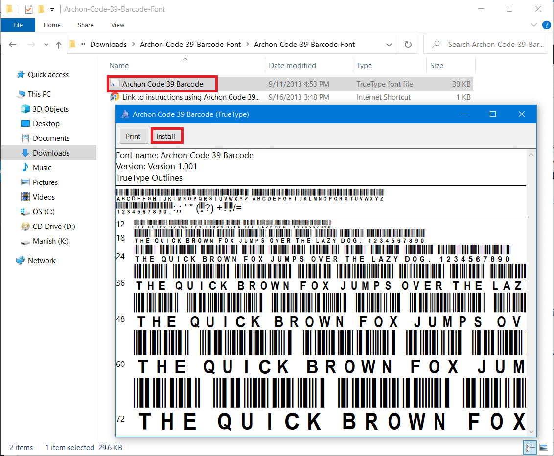 Сега отворете файла TTF (True Type Font) от извлечената папка. Кликнете върху бутона Инсталиране, споменат в горната секция.