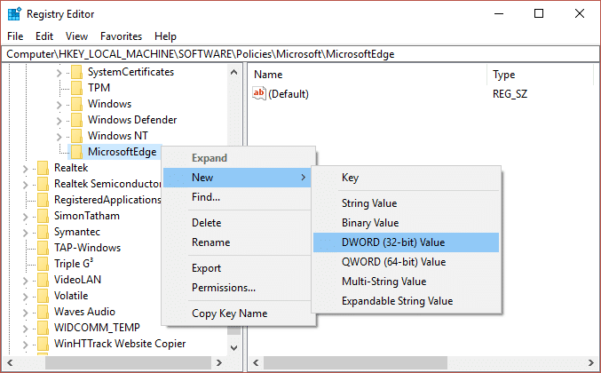 Now right-click on MicrosoftEdge key and select New then click DWORD (32-bit) Value.