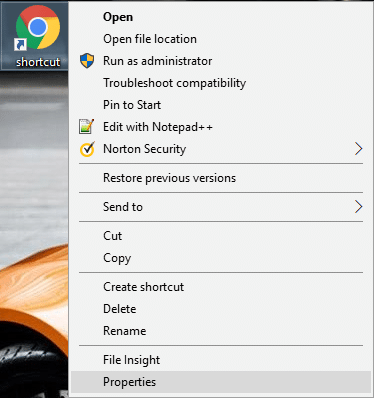 Цяпер пстрыкніце правай кнопкай мышы значок Chrome і выберыце «Уласцівасці».