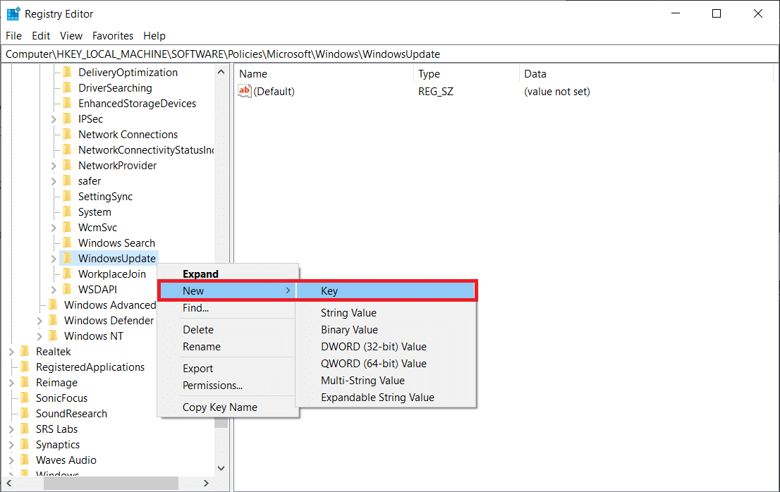 Now, right-click on the new WindowsUpdate folder and select New Key again. | Stop Automatic Updates on Windows 10