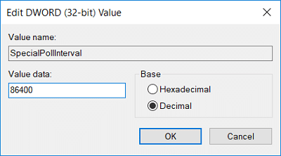 Teraz wybierz opcję Dziesiętny z podstawy, a następnie zmień datę wartości SpecialPollInterval na 86400