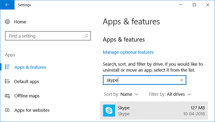 Now under Apps & features heading type skype in the Search box