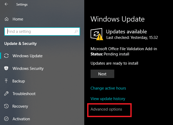 Bây giờ trong Windows Update, hãy nhấp vào tùy chọn “Nâng cao”
