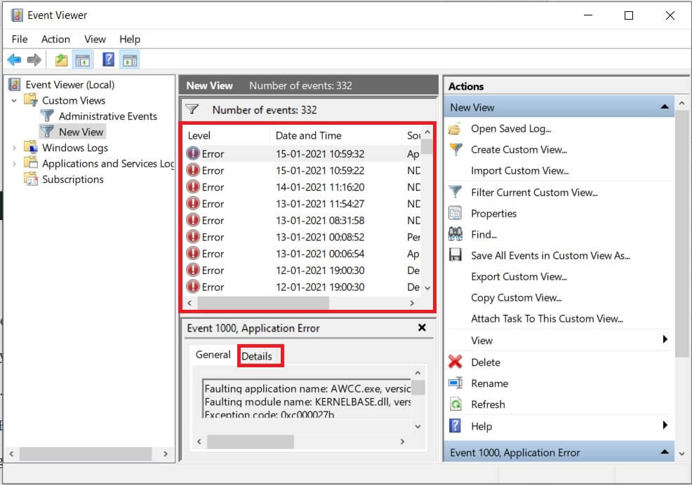 Now you can see the Error events listed in the Event Viewer.