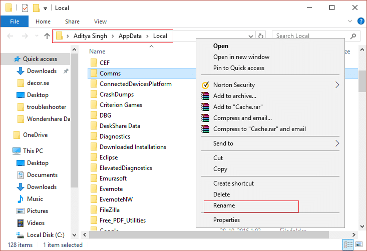 On Comms folder, right-click on it and select Rename