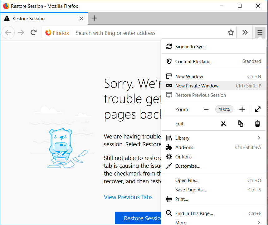 Firefox တွင် ဒေါင်လိုက်မျဉ်းသုံးကြောင်း (Menu) ကို နှိပ်ပြီး New Private Window ကို ရွေးချယ်ပါ။