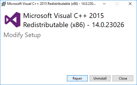 On Microsoft Visual C++ 2015 Redistributable setup page click Repair
