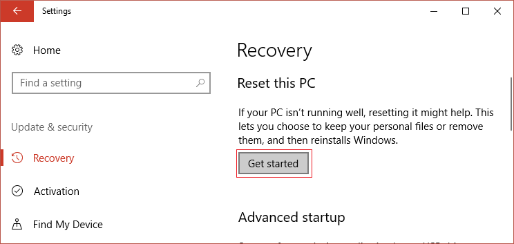 On Update & Security click on Get Started under Reset this PC