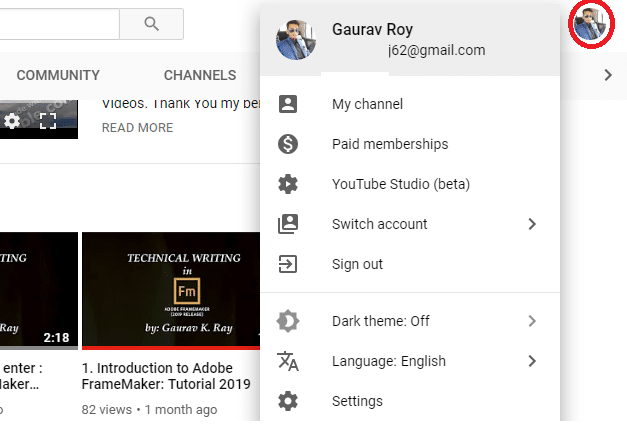 On YouTube’s website, click the profile icon at the top-right corner | How to Activate YouTube Dark Mode