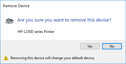 Wählen Sie im Bildschirm „Sind Sie sicher, dass Sie diesen Drucker entfernen möchten“ die Option „Ja“ zur Bestätigung aus