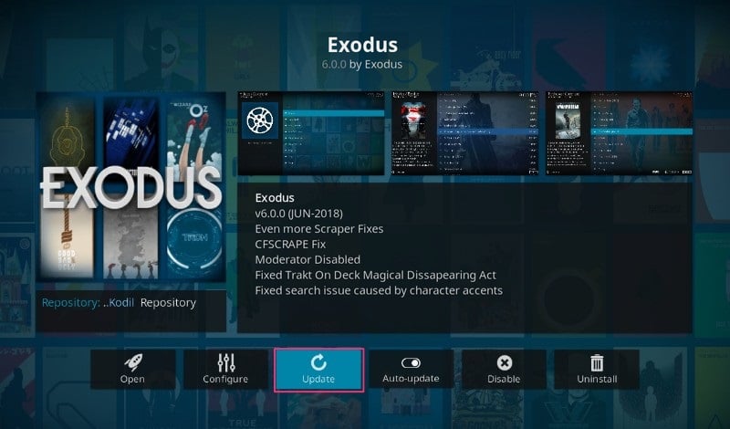 On the Exodos Addon information page, click on the Update icon