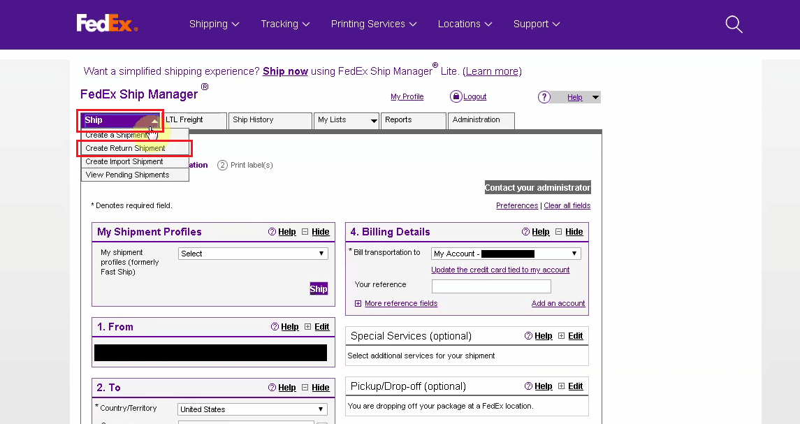 On the FedEx Ship Manager page, click on the Ship tab - Create Return Shipment