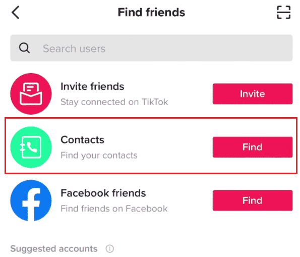 Sa screen ng Find friends, i-tap ang Find button sa tabi ng Contacts | naghahanap ng walang username
