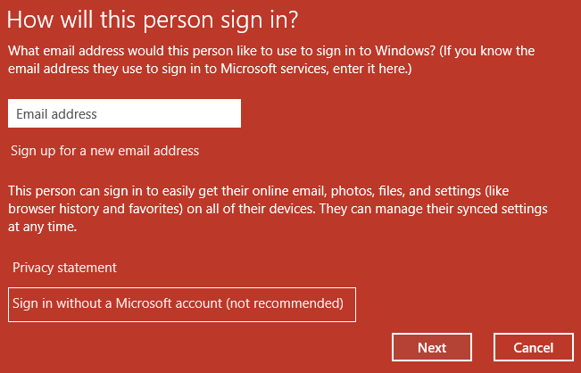 On the How will this person sign in screen click on Sign in without a Microsoft account