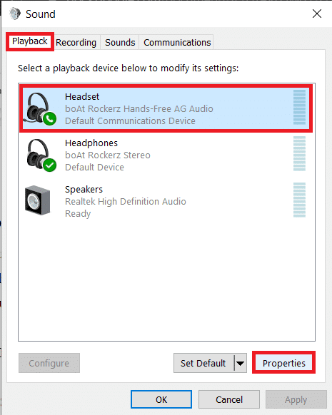 On the Playback tab, select the audio device on which you are experiencing the error and click on the Properties
