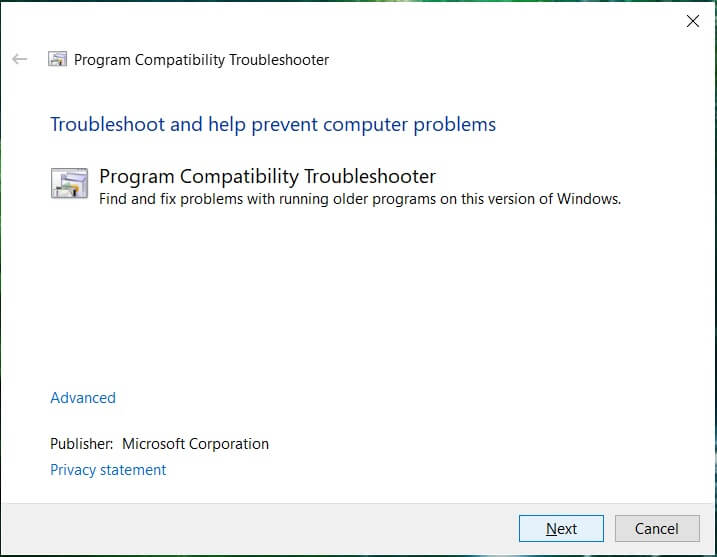 On the Program Compatibility Troubleshooter window click Next