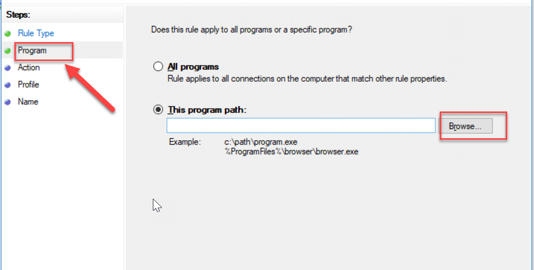 On the Program step, browse to the application or program for which you are creating this rule