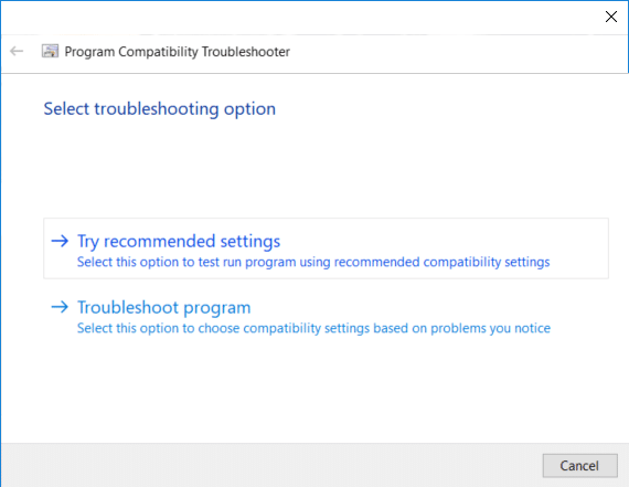 On the Select troubleshooting options window click on Try recommended settings