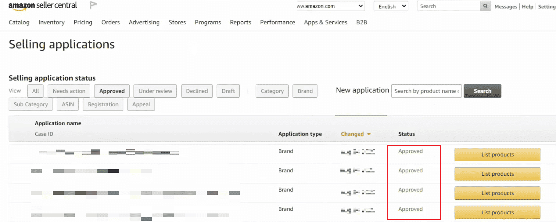 On the Selling applications page, you can find the status of every selling request applied |