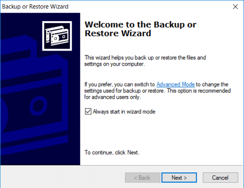 On the Welcome to the Backup Restore Wizard just click Next