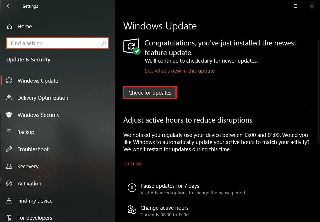 On the Windows Update page, click on Check for Updates