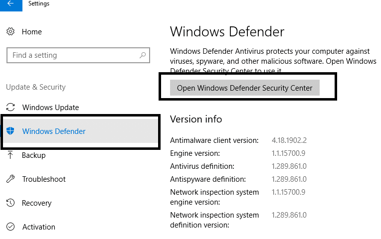 On the left panel you need to click on Windows Defender
