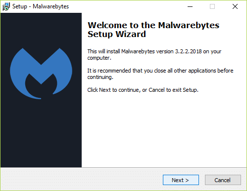 En la siguiente pantalla, Bienvenido al asistente de configuración de Malwarebytes, simplemente haga clic en Siguiente