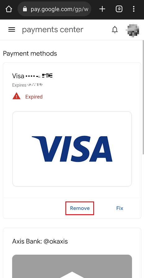 On the redirected webpage, tap on Remove for the desired card
