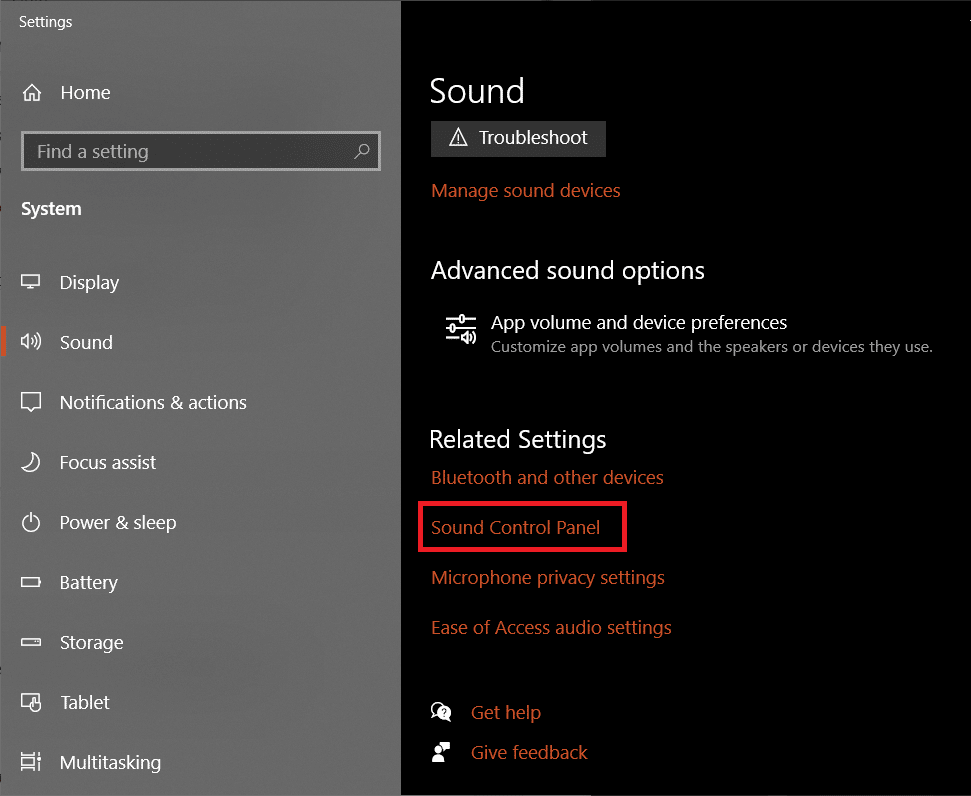 On the right-panel, click on Sound Control Panel under Related Settings