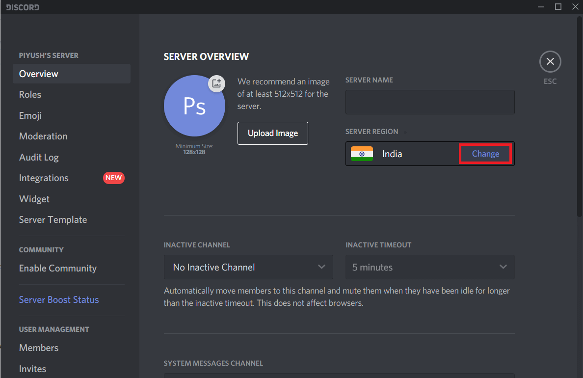 On the server Overview page, click on the Change button | Fix No Route Error on Discord