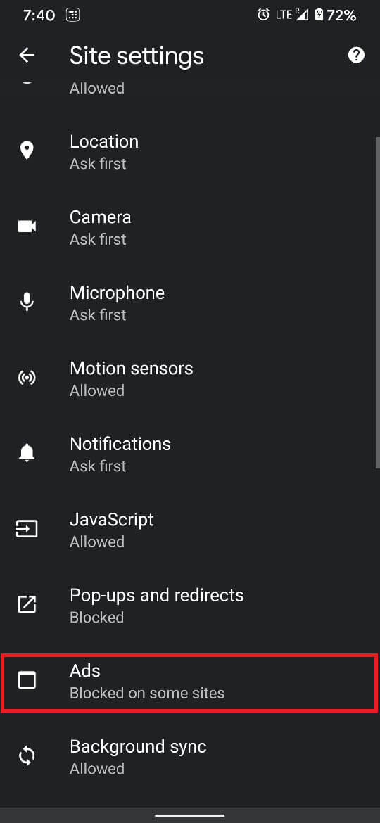 On the ‘Site settings’ menu itself, tap on the ‘Ads’ option just below ‘Pop-ups and redirects’.