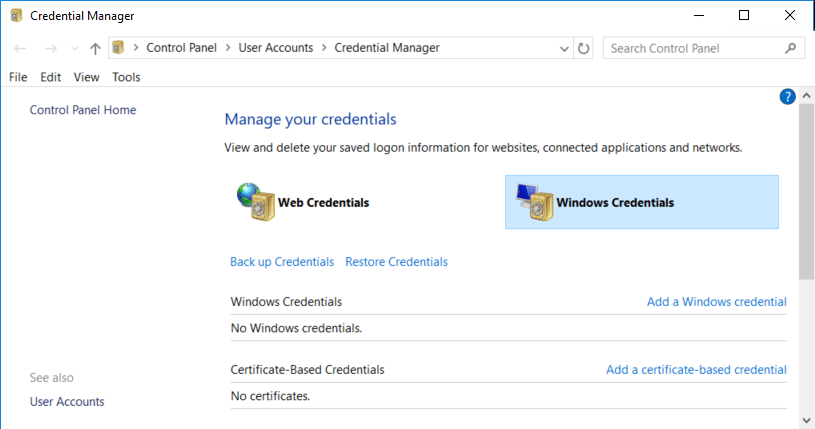 Once inside Credential Manager click to select Windows Credentials