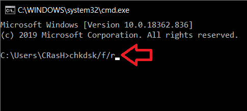 Once the Command Prompt window opens up, type ‘chkdsk /f /r’ and press enter