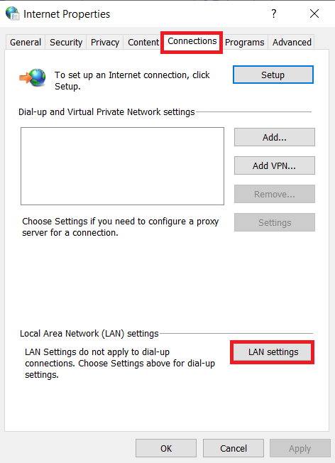Once the Internet Options window opens, switch to the Connections tab and click on LAN Settings.