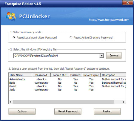 Kai sistema bus paleista, bus rodomas PCUnlocker ekranas | Atkurkite pamirštą „Windows 10“ slaptažodį naudodami „PCUnlocker“.