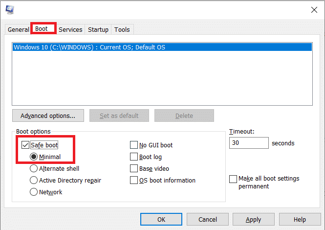 Once you enable Safe boot then Check the box next to Minimal | Fix Malwarebytes Unable to Connect the Service error