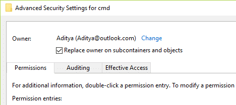 Once you have added your user account then check mark Replace owner on subcontainers and objects