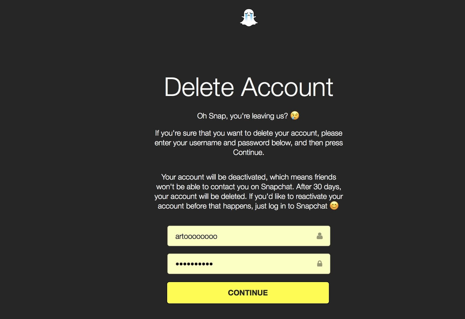 Once you have entered your details again, tap on the Continue button | How To Disable Snapchat Account Temporarily