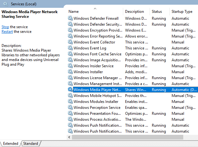 Abra "Servicios para compartir red de Windows Media Player"