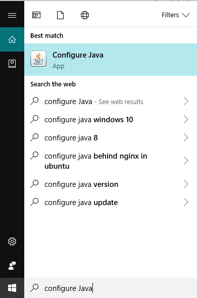 Откройте «Настроить Java», выполнив поиск с помощью панели поиска.