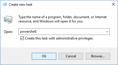 Откройте Windows PowerShell с повышенными правами из диспетчера задач.